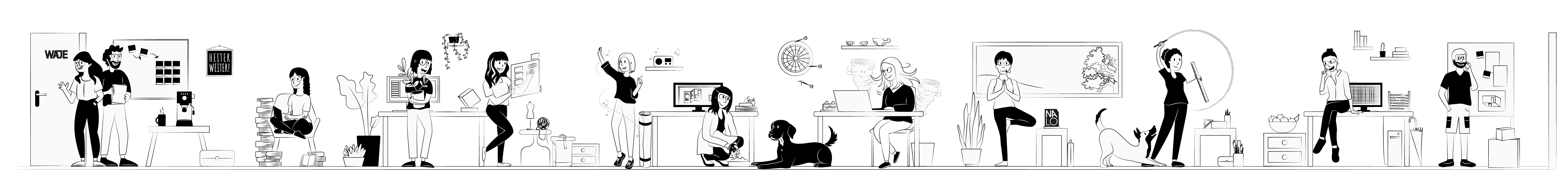 Illustration der Mitarbeitenden bei WAJE und deren Arbeitsumgebung